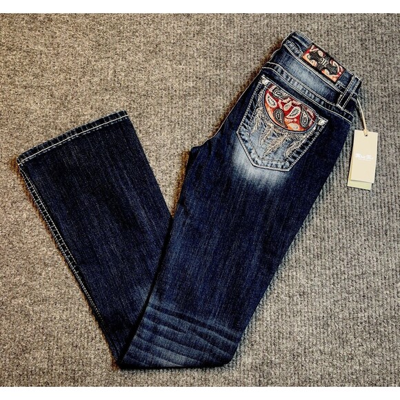 Miss Me Womens 26 X 34 Paisley Dreaming Mid Rise Bootcut Stretch Jeans Dark Wash - Picture 4 of 16